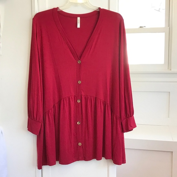 EMERALD Babydoll Tunic V-Neck Long Sleeve Blouse Red Women’s Plus Size 3X 2X - Picture 1 of 16